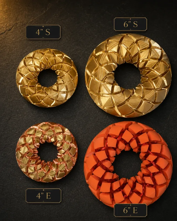 Four Rodin coils on dark slate, labelled 4″ S, 6″ S, 4″ E and 6″ E, comparing size and lattice spacing.