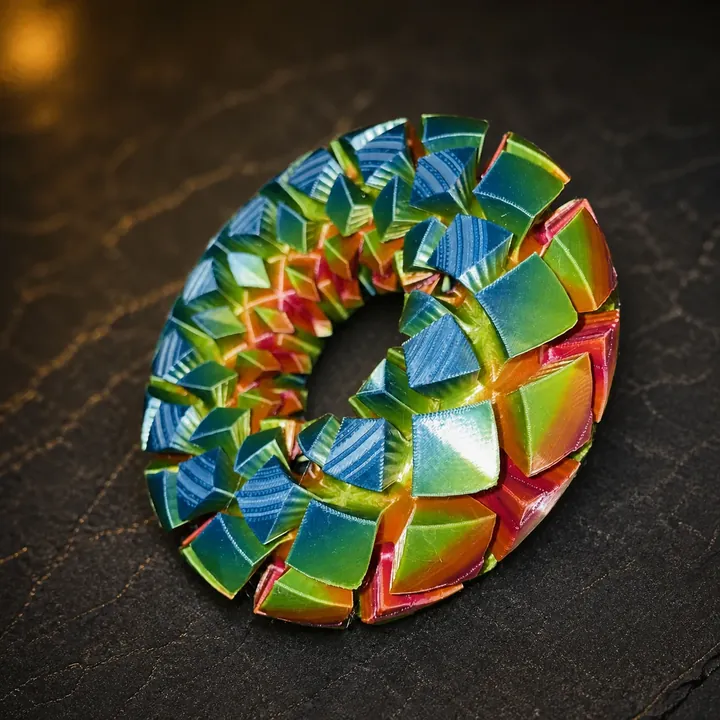 Three-inch Rodin coil with an iridescent multicolor finish, tilted on dark slate.