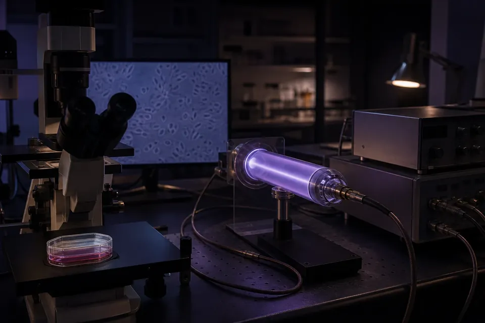 Conceptual illustration of an RF plasma cell-culture experiment: a microscope, a monitor and a violet glass tube on a dark lab bench.