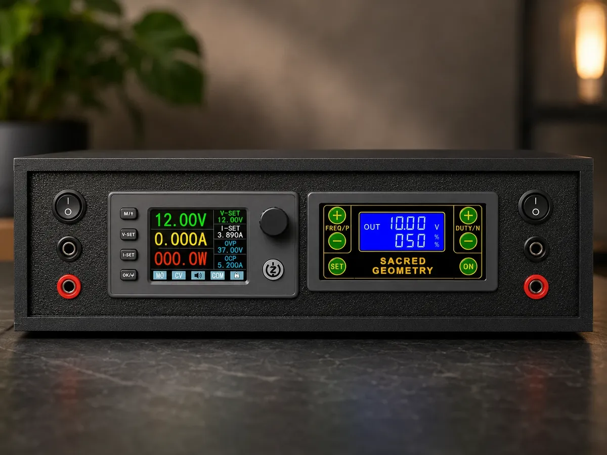 The SG102 control unit on a dark desk: a black enclosure with two lit digital displays — a voltage and current module on the left and a frequency and duty module on the right.