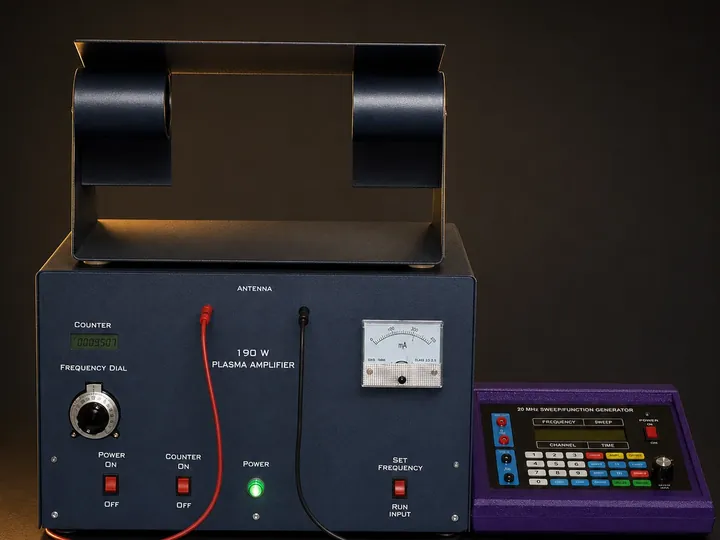 A navy rack-panel plasma amplifier with an analogue meter beside a purple keypad frequency generator.