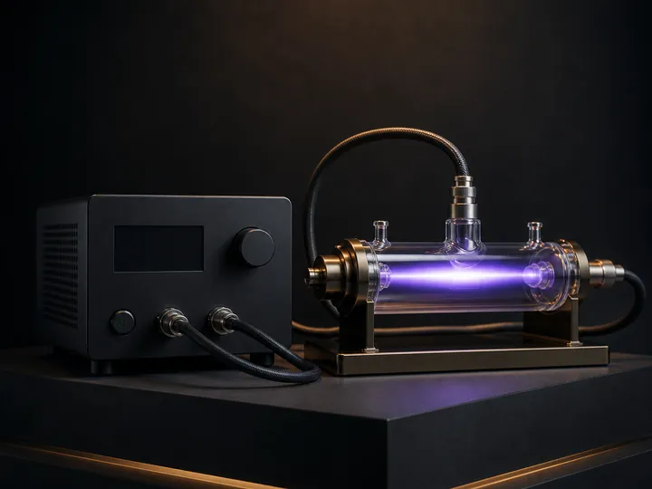 A black controller connected to a violet-glowing glass tube on a dark plinth.